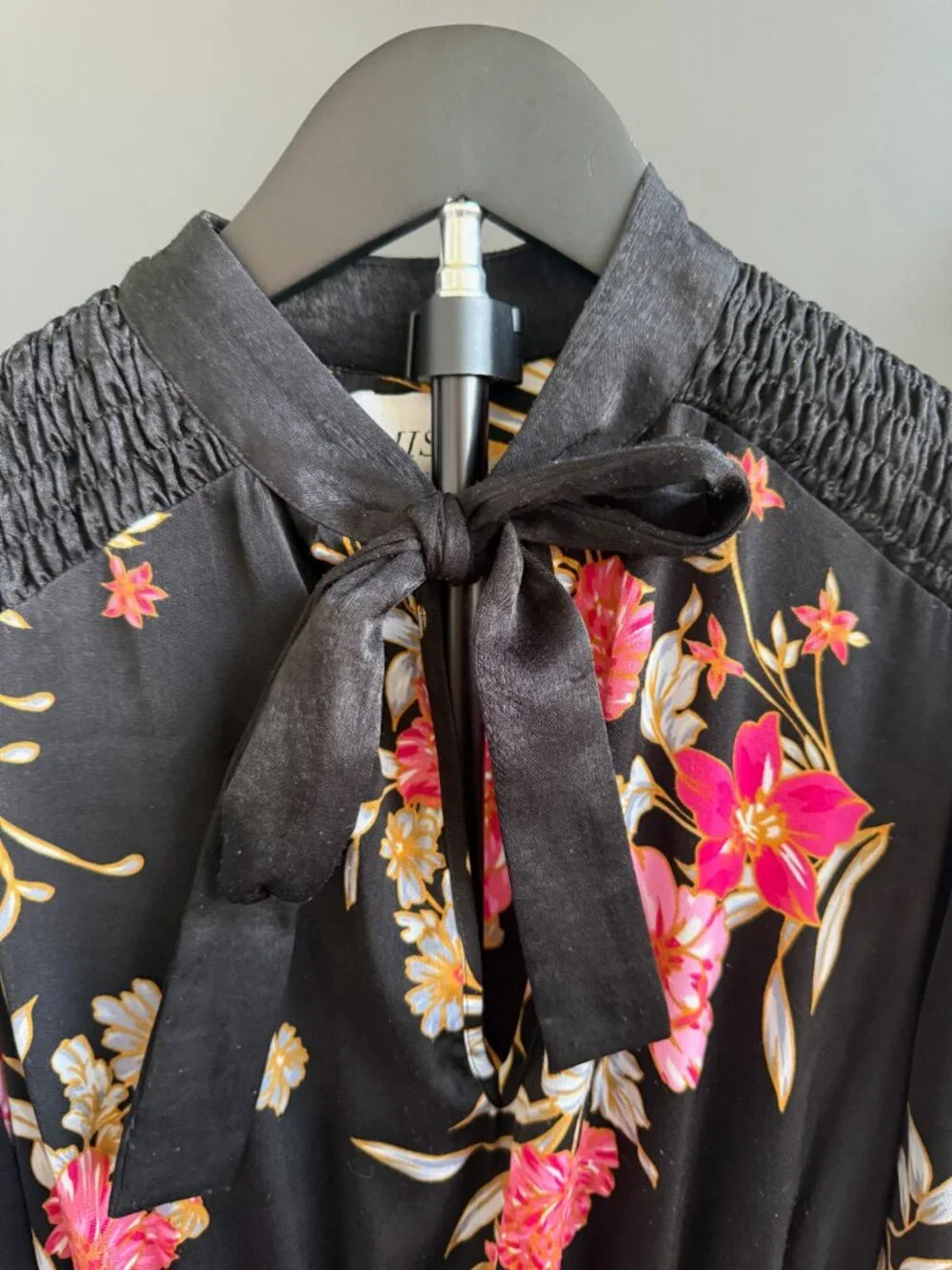 MISA Black Floral Smocked-Waist Mini Dress XS